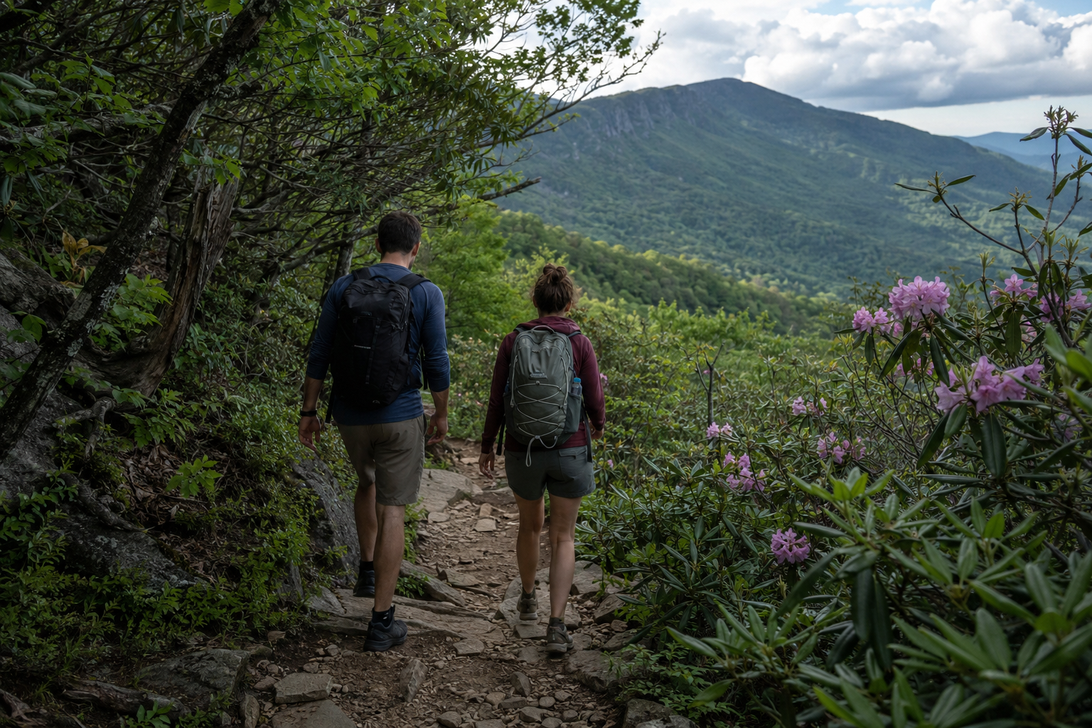 Two hikers walking on rocky trail through lush green forest with mountain view in background and pink flowers in foreground.