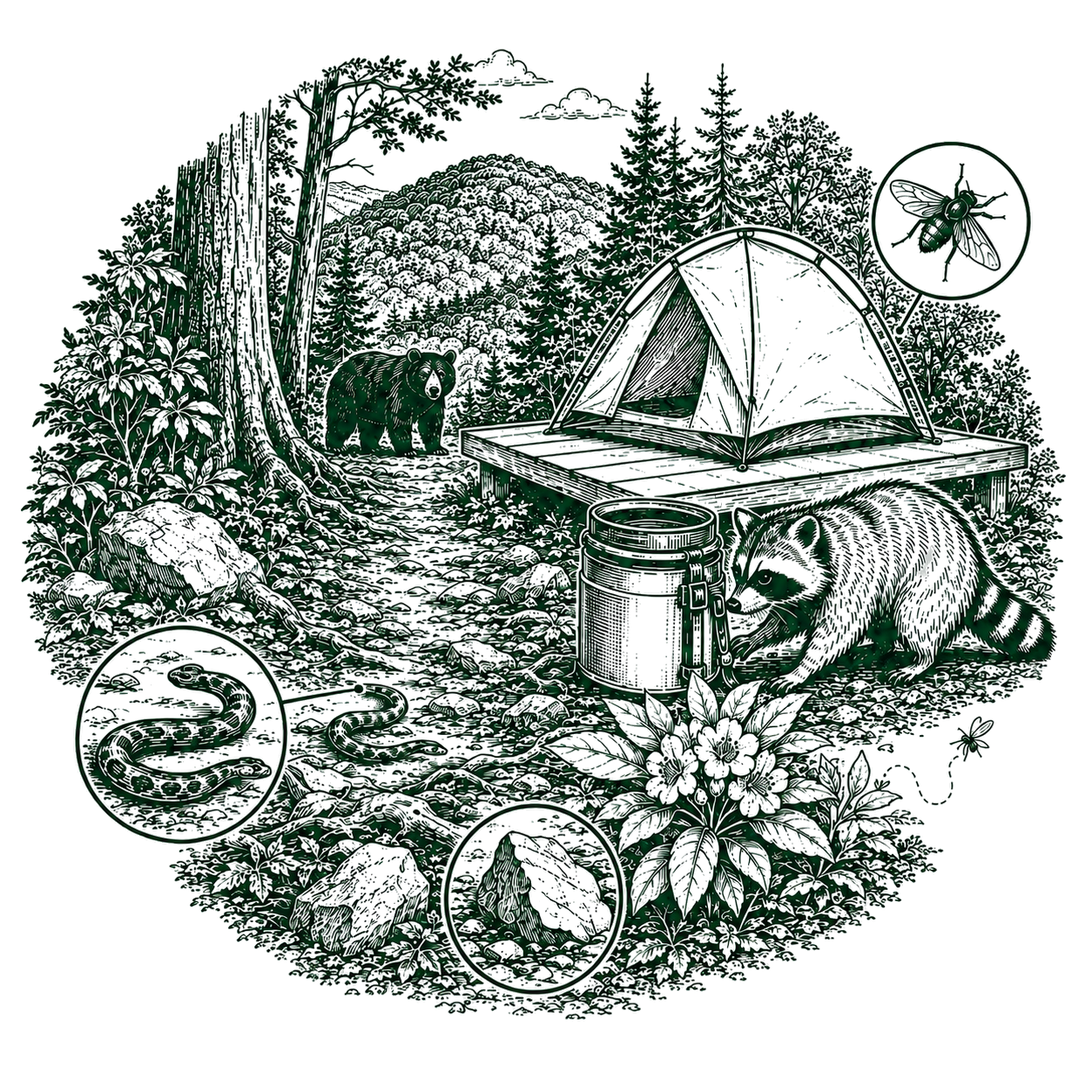 Illustration of a camping scene in the forest with a tent, bear, raccoon, snake, bee, and various plants and flowers.