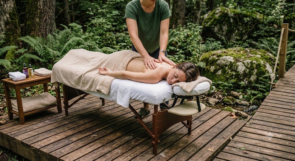A woman giving a massage to a man lying face down on a massage table outdoors in a forest setting.