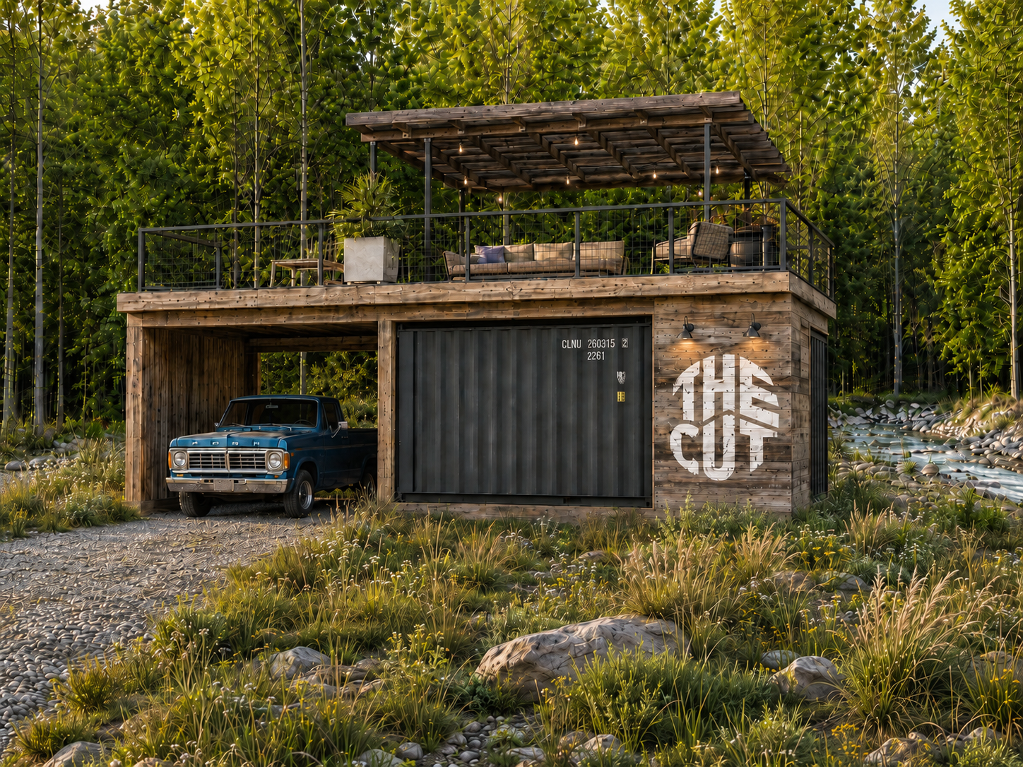 A modern two-story structure made of wood and metal with a vintage blue Ford truck parked in the garage. The upper level is an outdoor patio with seating and a pergola, surrounded by greenery. The lower level features a large black container door with the words 'THE CUP' painted on the wooden wall beside it. The scene is set in a natural, landscaped area with rocks and plants.