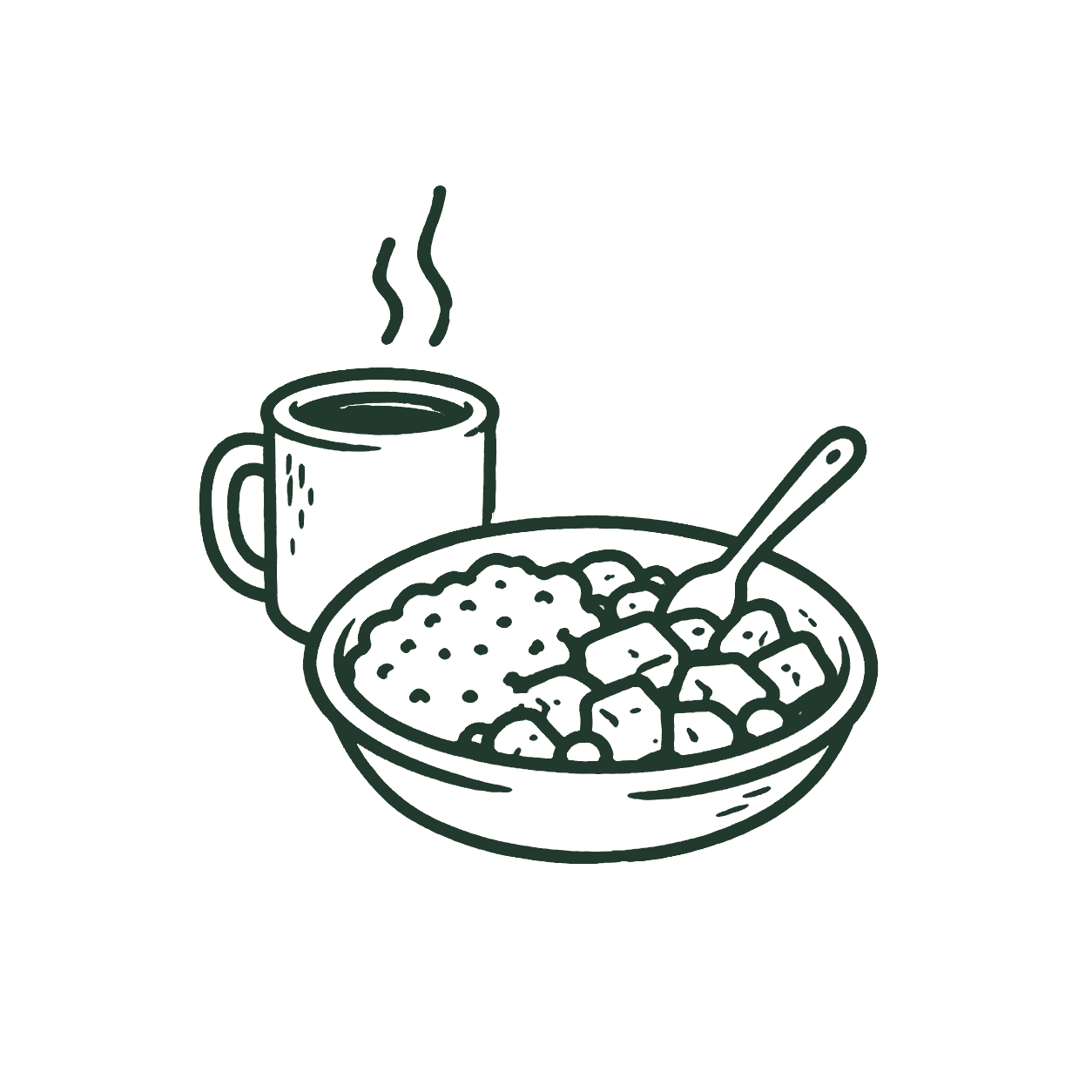 A line drawing of a bowl of cereal with a spoon, and a steaming mug of coffee or tea.
