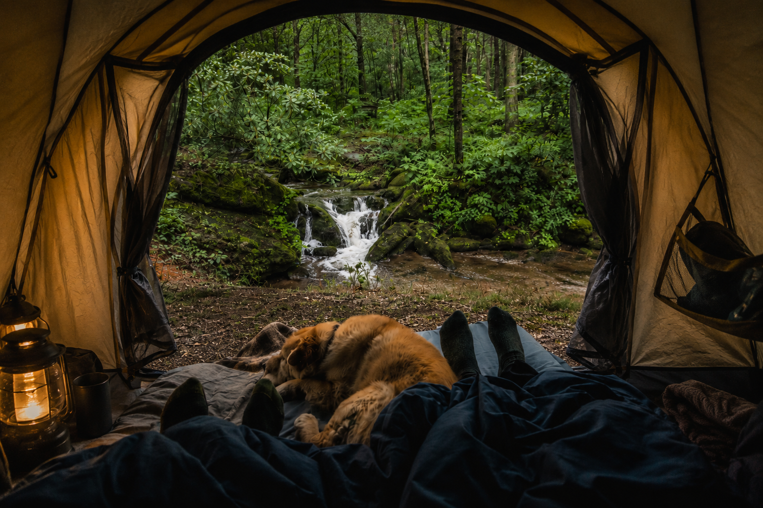 View from inside a camping tent showing a dog lying on the ground on a bed in front of a forest stream with green trees and rocks.