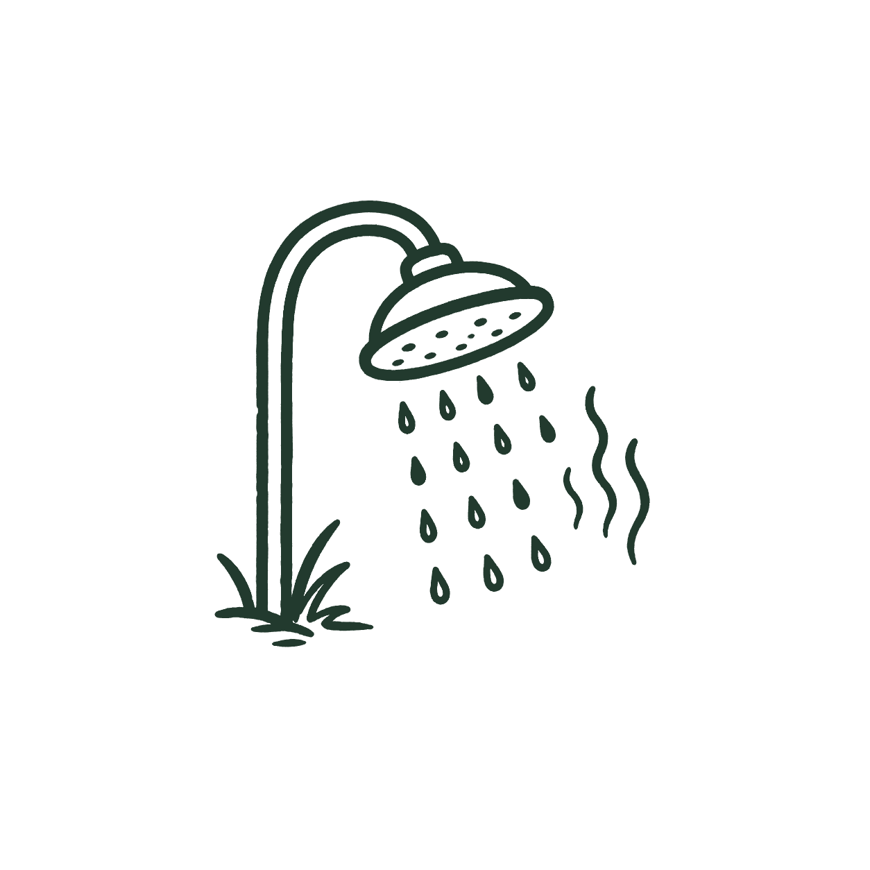 Simple line drawing of an outdoor shower with water streaming down from the showerhead, grass at the base, and steam rising from the water.