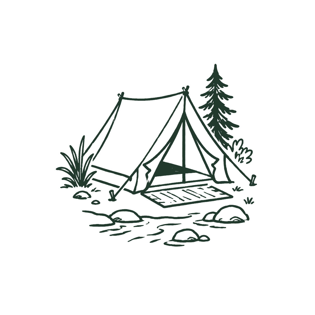 Line drawing of a tent pitched near a stream with shrubs and a tall pine tree in the background.
