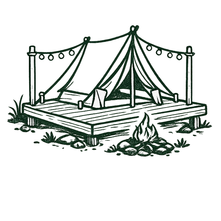 A sketch of a small outdoor camping platform with a tent and string lights, surrounded by plants and rocks.