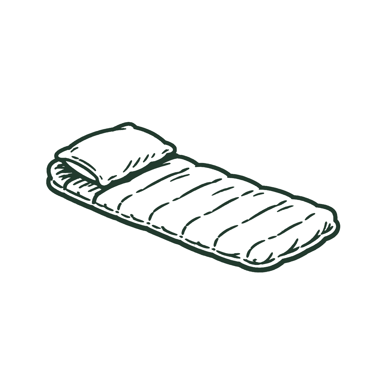 Line drawing of a single sleeping bag laid out on the ground with a pillow inside.