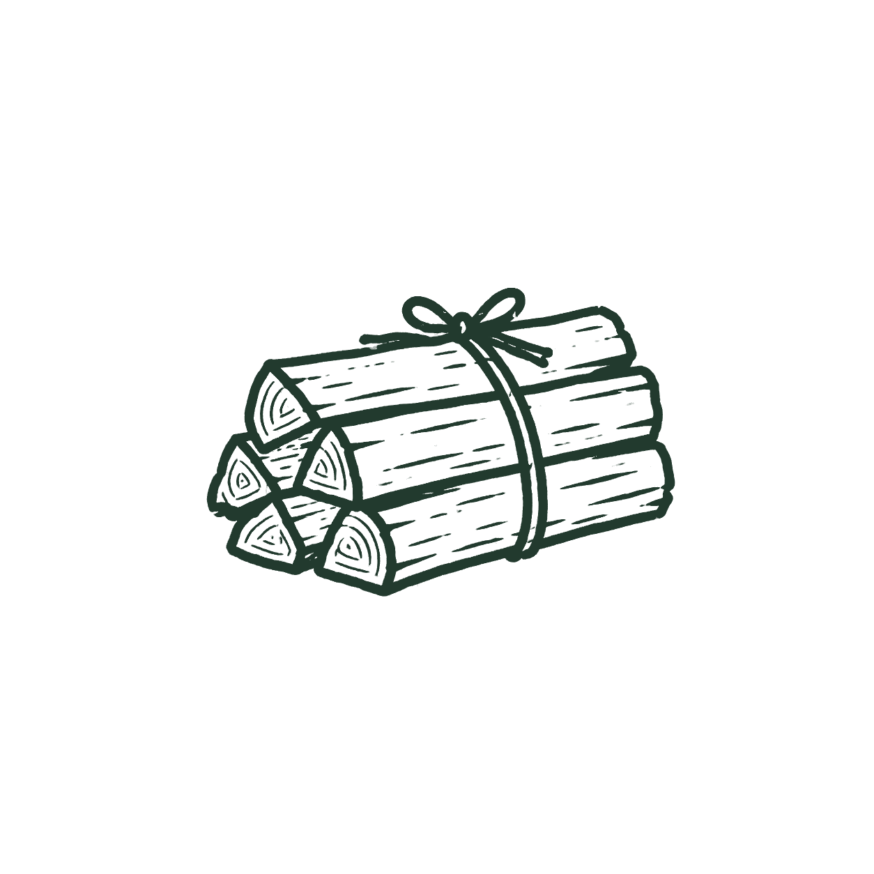 Cartoon drawing of a bundle of firewood tied with a ribbon.