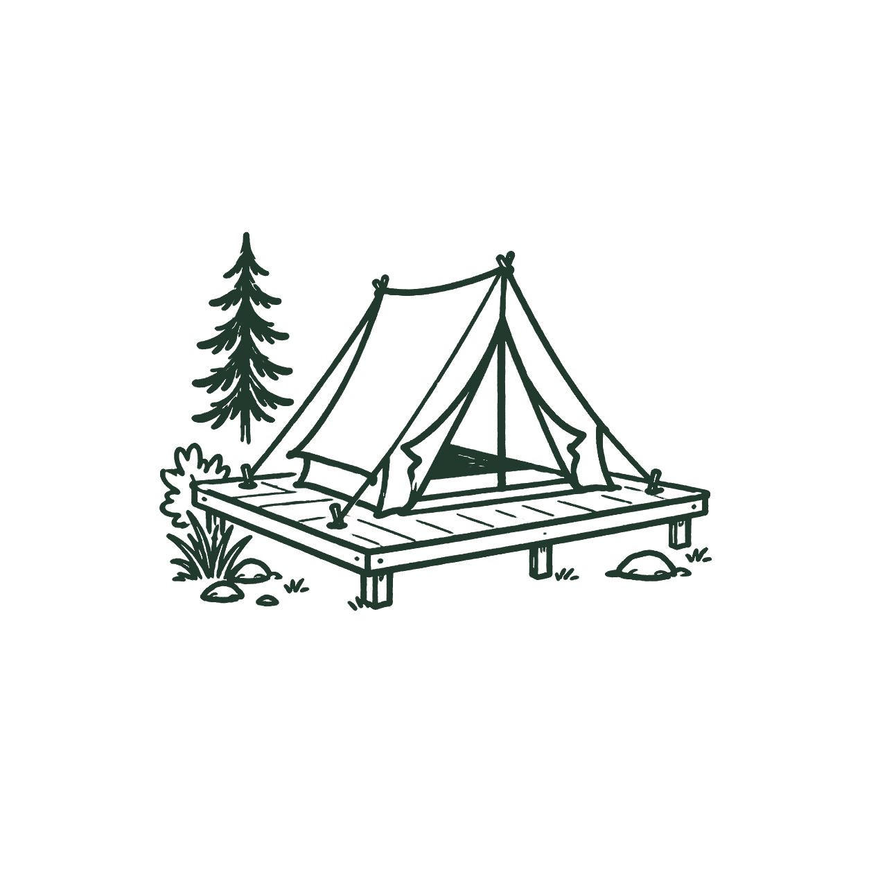 Outline drawing of a camping tent on a wooden platform with trees and plants nearby.