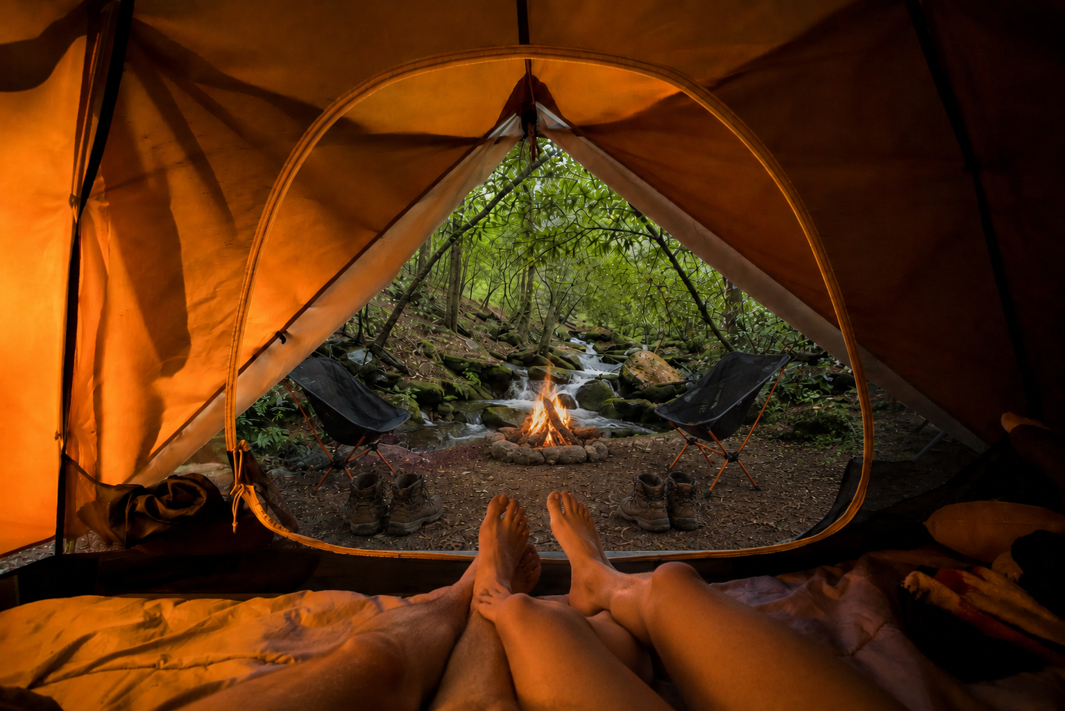 Inside a camping tent, two people are lying with their feet visible, looking out at a small campfire and two chairs in a forest with a stream running through it.