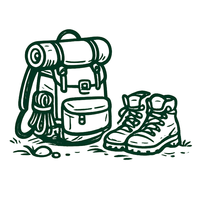 A backpack with a rolled sleeping mat and a front pocket, beside a pair of hiking boots, placed on grass.