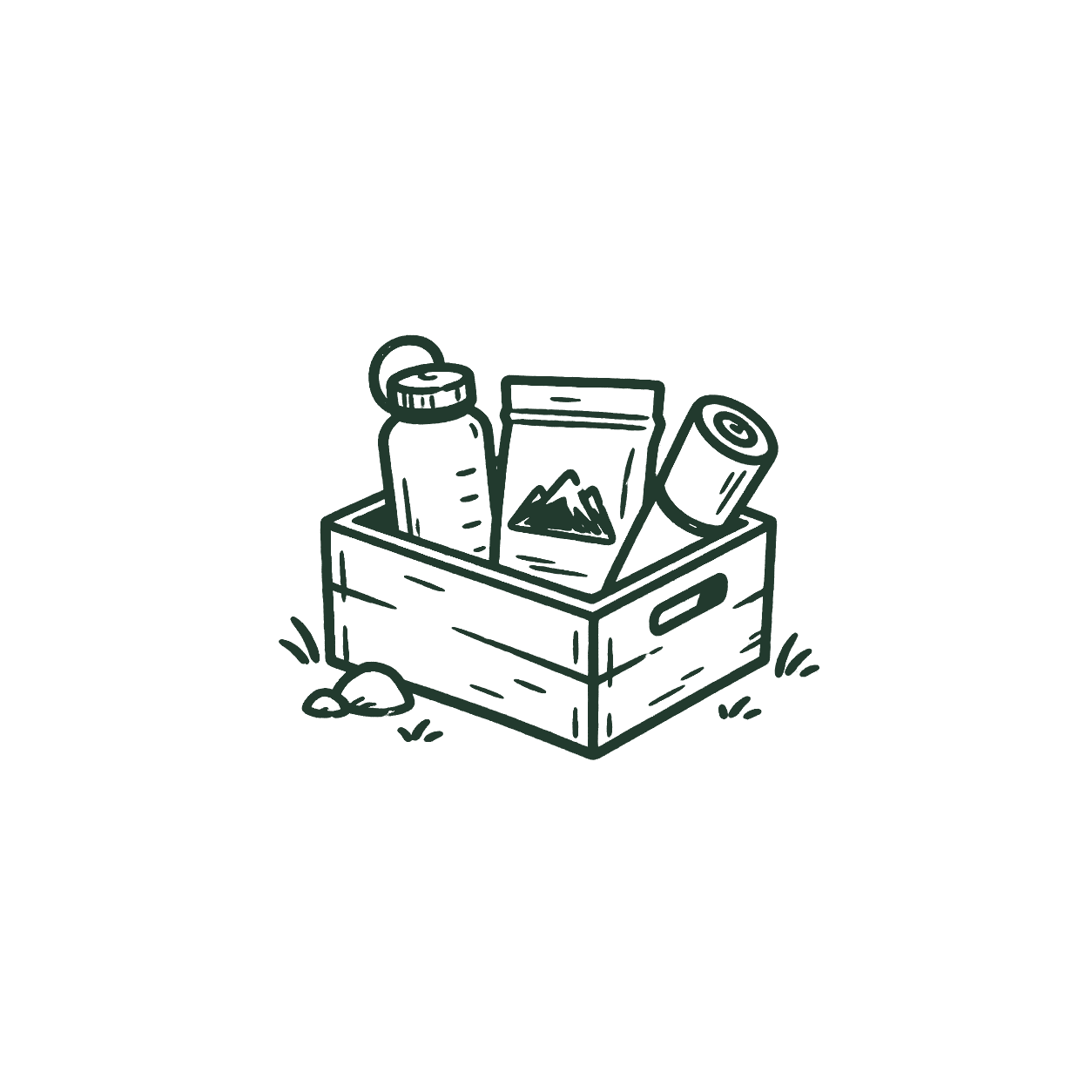 Line drawing of a resupply box containing a bottle, a boxed snack with mountain design, and a can, set outdoors with small rocks and grass.