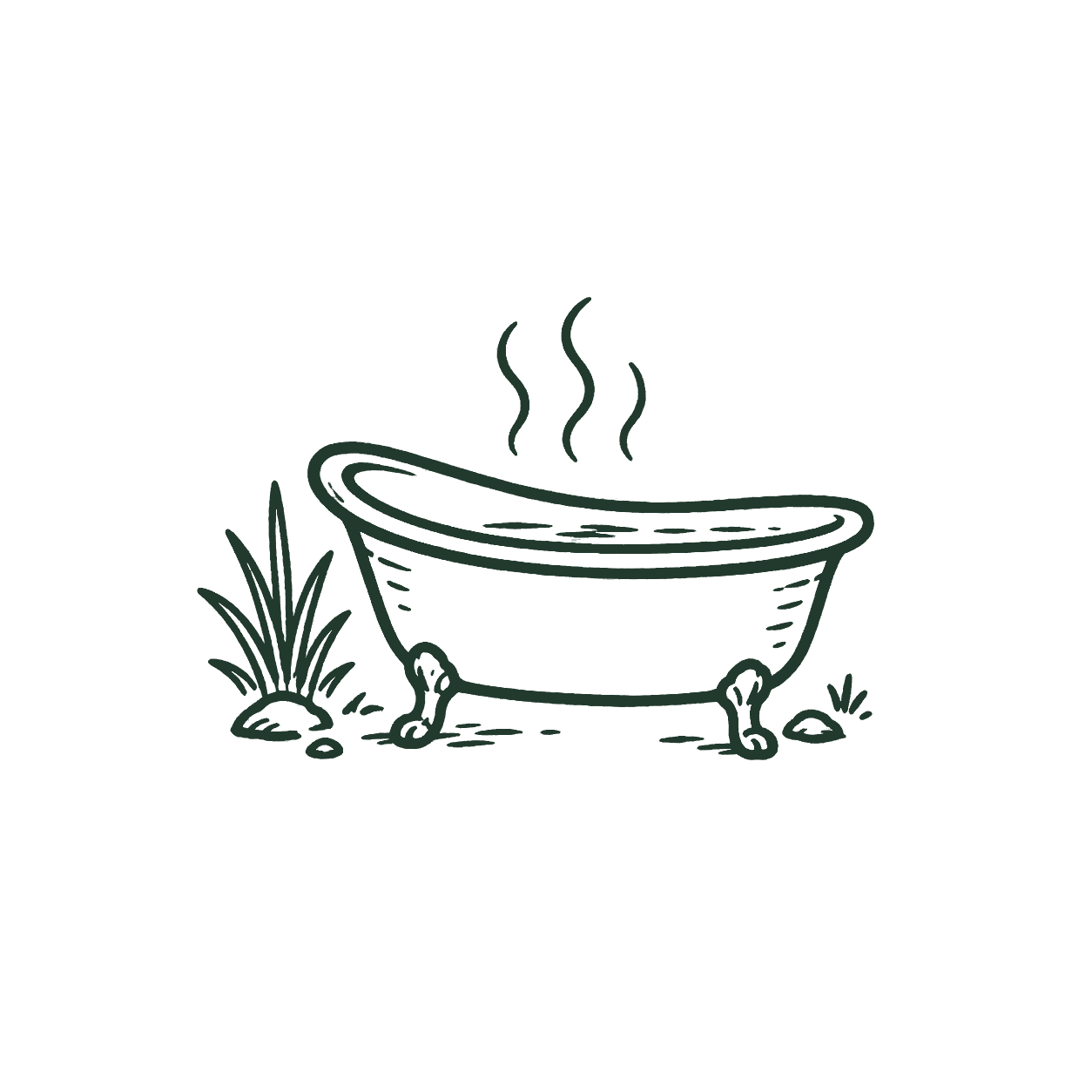 Line drawing of a vintage bathtub with steam rising from it, located outdoors near grasses.