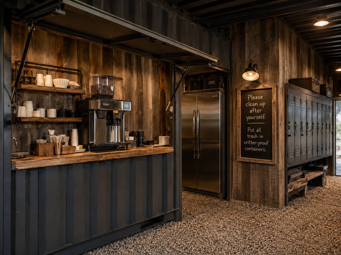 A rustic coffee shop counter with a coffee machine, cups, and supplies, wooden walls, stainless steel refrigerator, locker storage, and a chalkboard sign requesting customers to clean up after themselves and use containers for trash.
