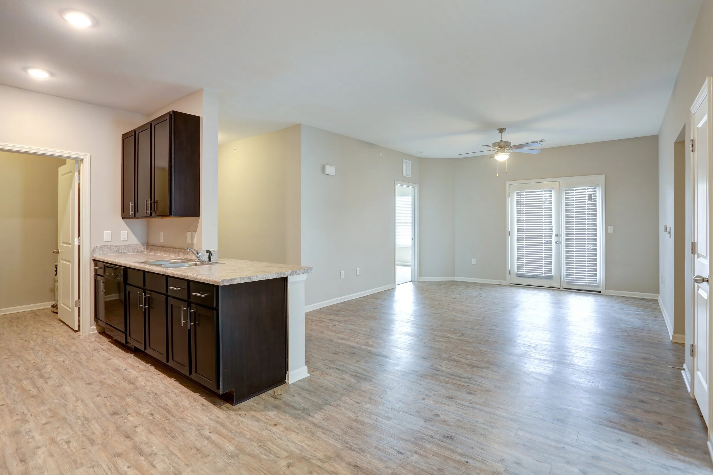 Open floor plan living room with light-colored walls, wood-look flooring, a ceiling fan with lights, and French doors with blinds leading outside. Kitchen with dark cabinets, granite countertops, and a sink is partially visible on the left.