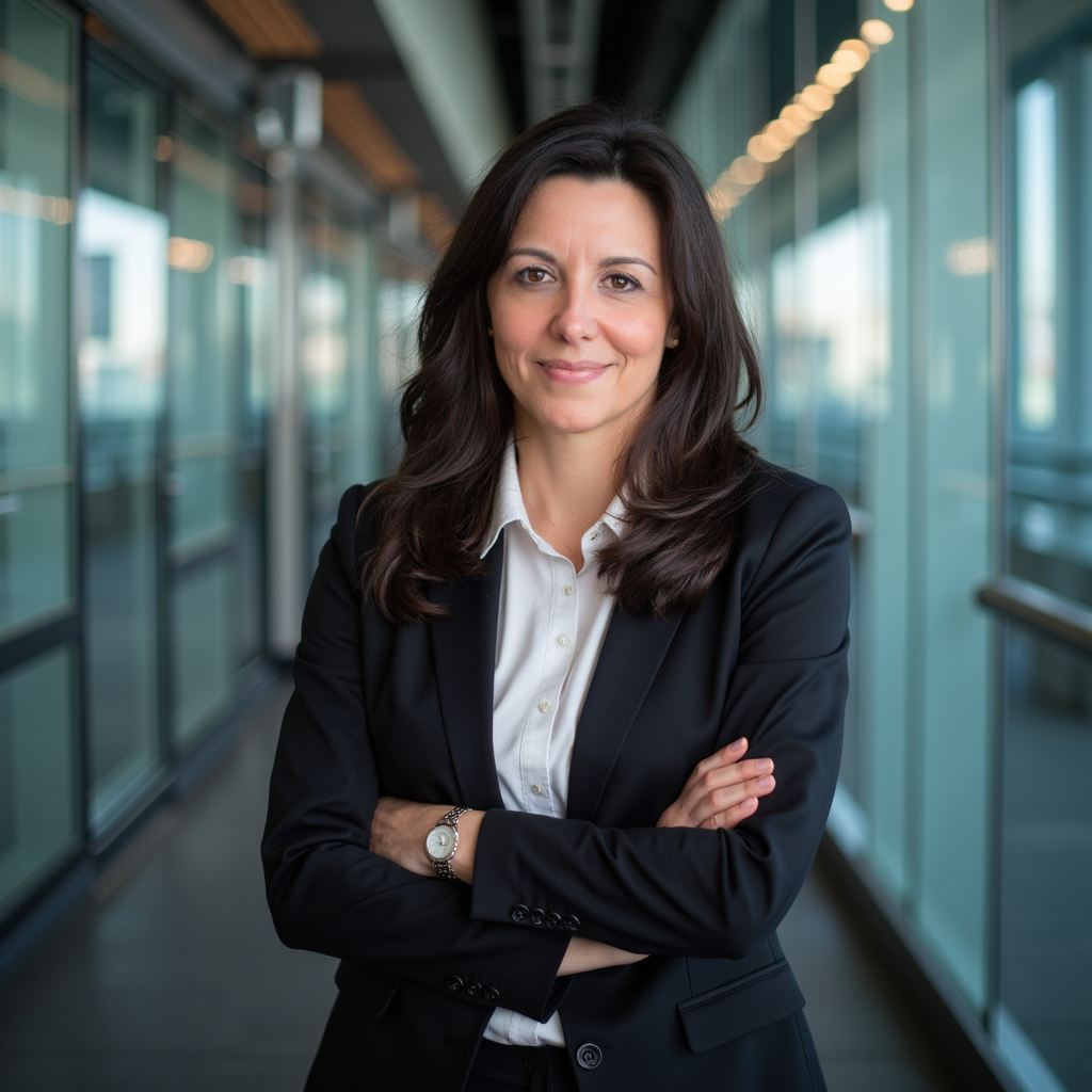 A confident woman with brown hair, wearing a black blazer and white shirt, standing with crossed arms in an office corridor with glass walls and bright lighting.
