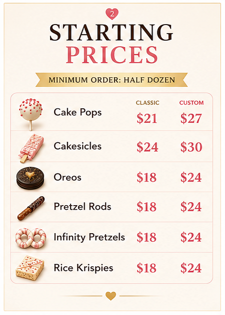 Menu showing starting prices for various treats including cake pops, cakesicles, Oreos, pretzel rods, infinity pretzels, and rice krispies with classic and custom prices.