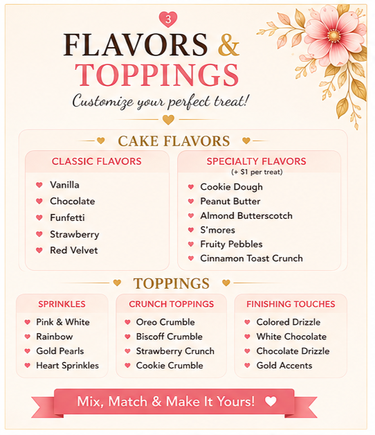 A menu titled "Flavors & Toppings" with floral design and the subtitle "Customize your perfect treat!" It offers cake flavors: vanilla, chocolate, funfetti, strawberry, and red velvet, along with specialty flavors like cookie dough, peanut butter, almond butterscotch, s'mores, fruity pebbles, and cinnamon toast crunch. Toppings include sprinkles, crunch toppings, and finishing touches such as colored drizzle, white chocolate, chocolate drizzle, and gold accents. A pink banner at the bottom says "Mix, Match & Make It Yours!" with a heart.
