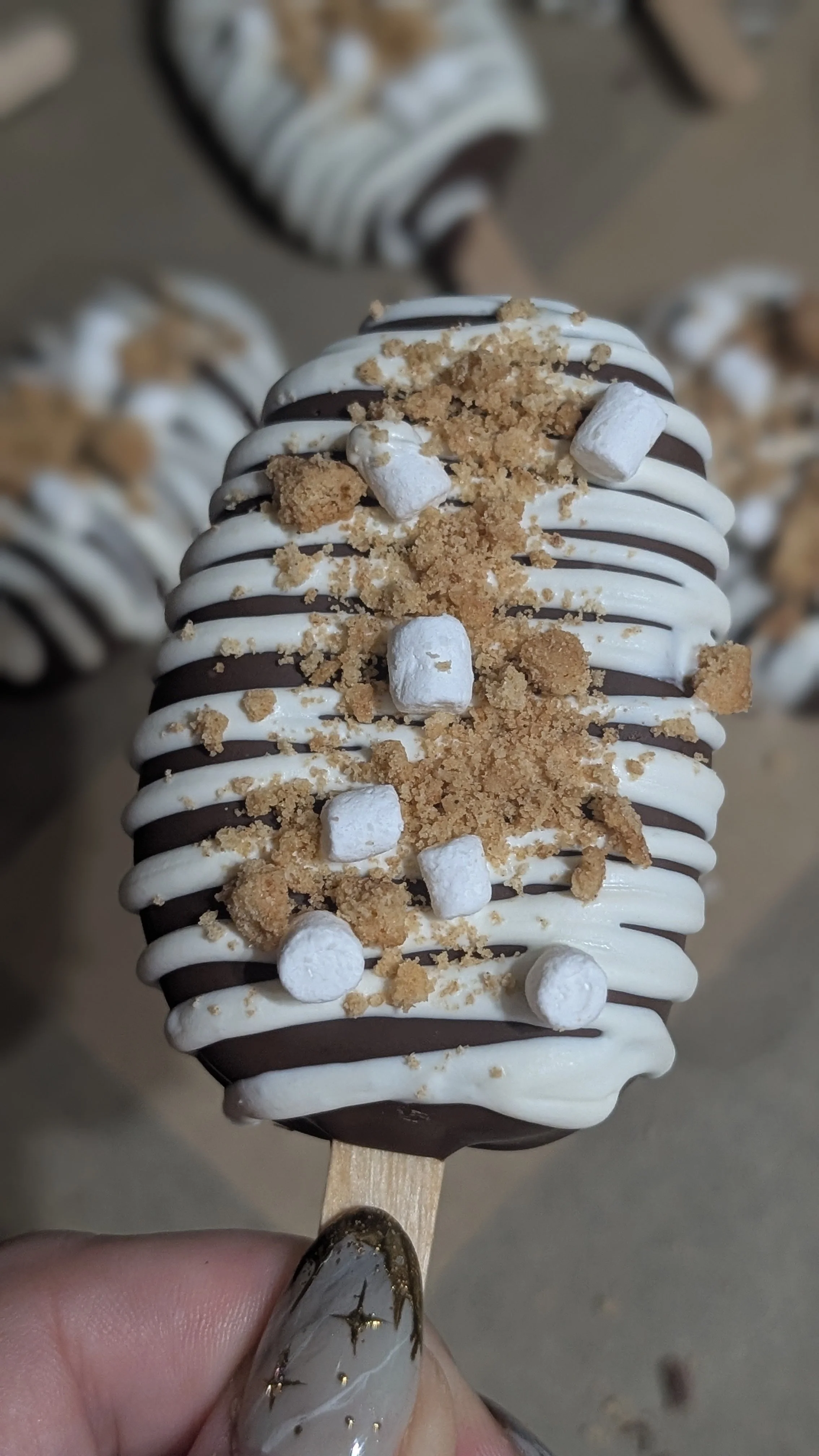 smores cakesicle with marshmellow icing, mini marshmallows, crushed cookies, and chocolate drizzle, held on a stick