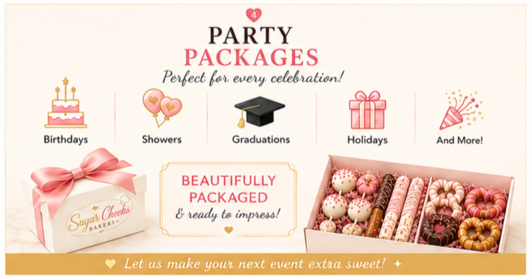 A flyer for party packages from Sugar Cheeks Bakery, featuring options for birthdays, showers, graduations, holidays, and more, with a box of decorated donuts and sweets.