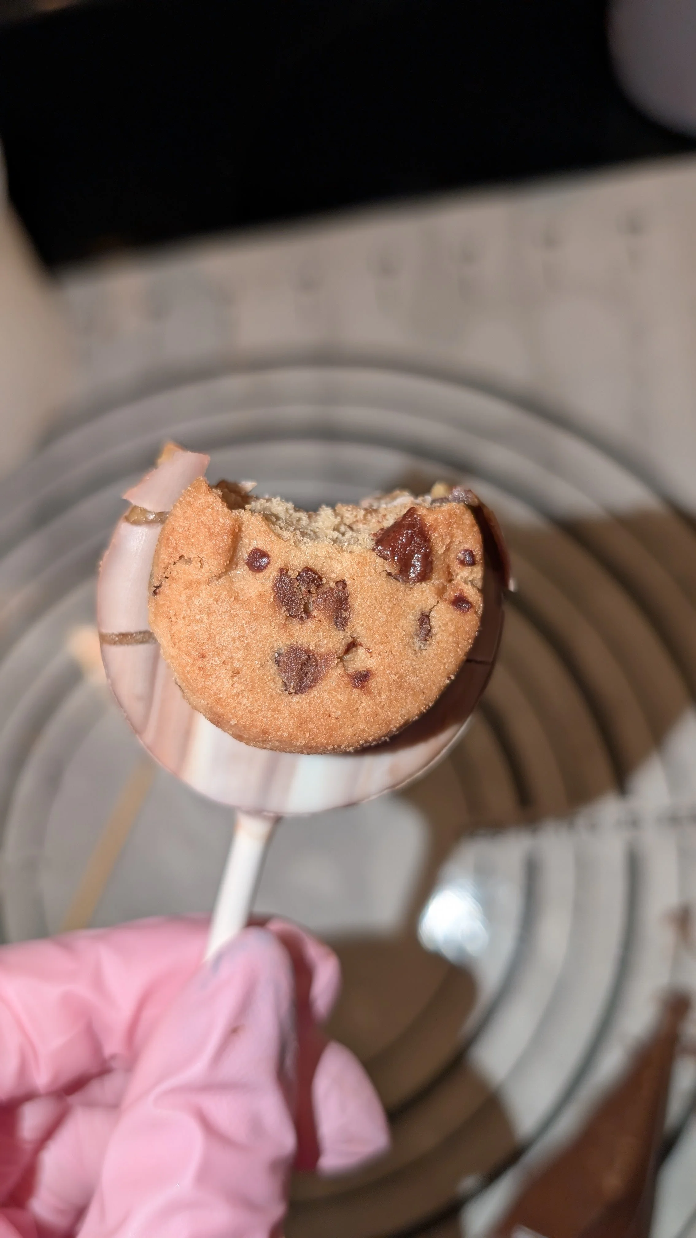 A chocolate chip cookie dough cake pop