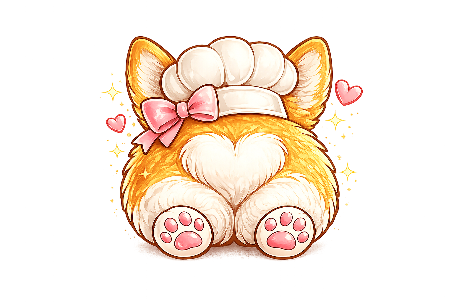 Cute cartoon of a dog with fluffy fur, sitting with its back facing forward. The dog has a pink bow on its head, a white chef's hat, and is surrounded by pink hearts and sparkles.
