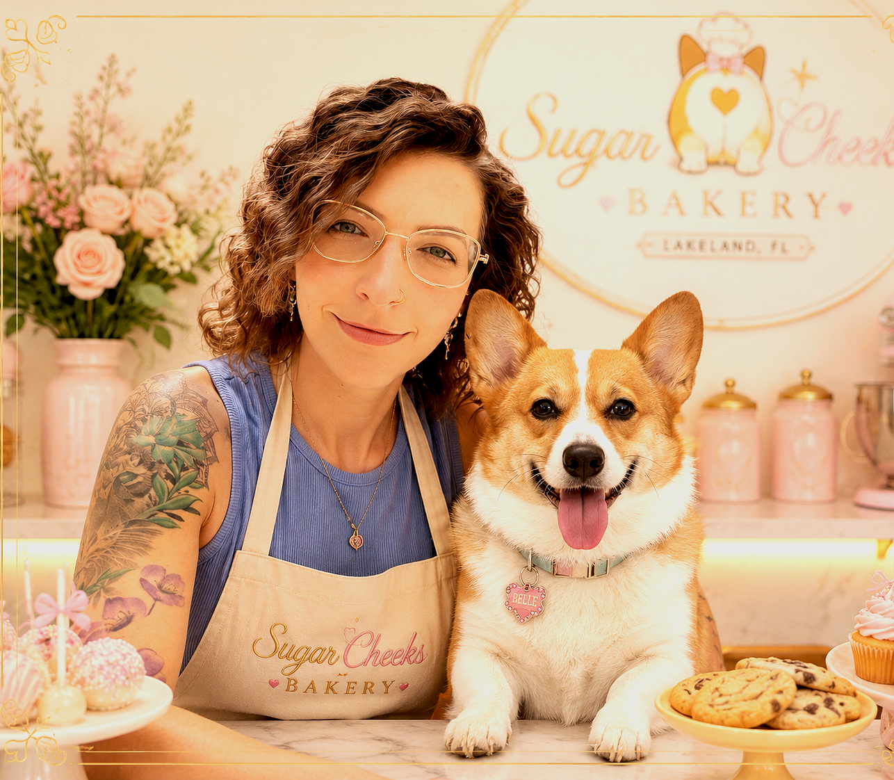 A woman with glasses and tattoos smiling next to a happy corgi wearing a pink heart-shaped collar tag that says 'Belle,' inside a bakery decorated with pink and white flowers, cookies, and desserts.