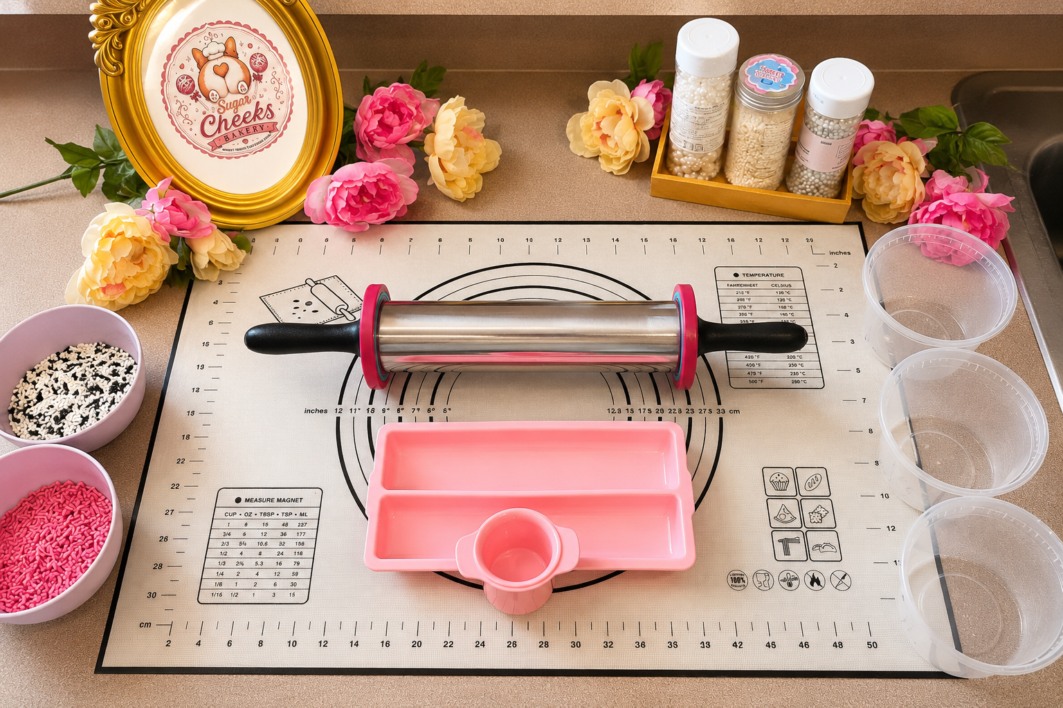 Baking countertop with rolling pin, pink baking mold, containers of sprinkles, and decoration supplies, surrounded by artificial flowers, on a silicone baking mat.