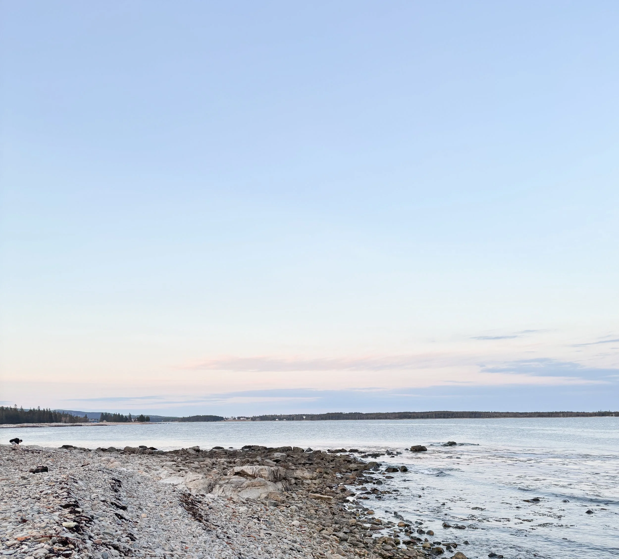 A lakeside view with a rocky beach, calm water, distant trees, and a sky with light clouds.