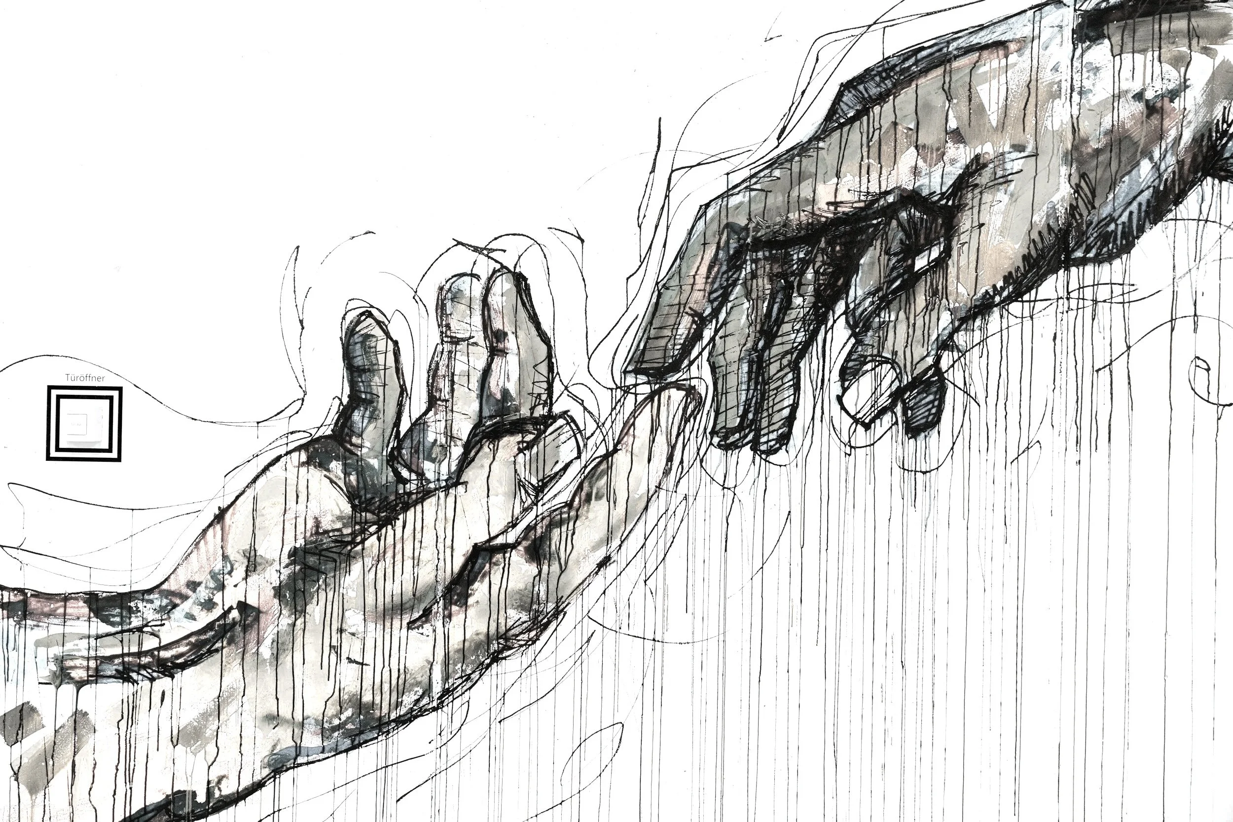 Two hands, one dark-skinned and one light-skinned, doing a fist bump against a white textured wall.