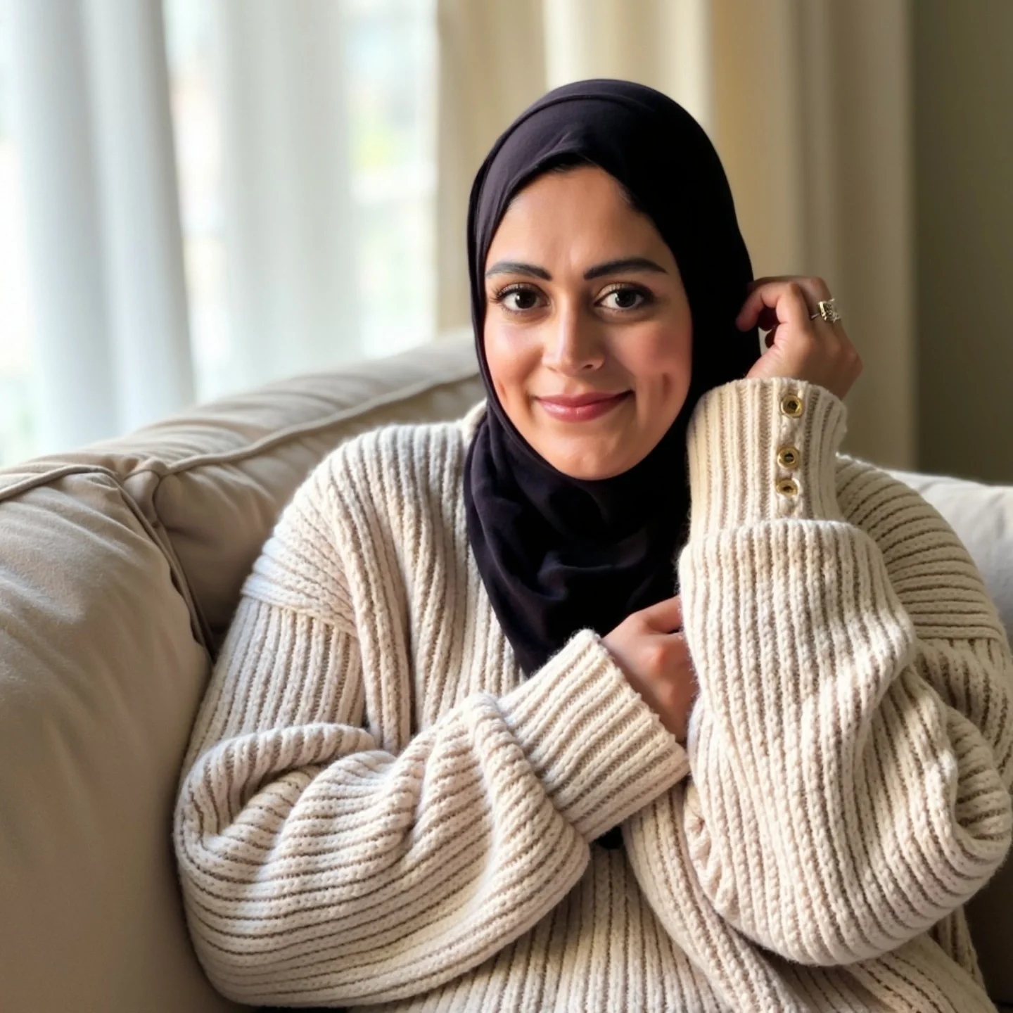 A young woman wearing a black hijab and a cream-colored ribbed sweater, smiling and sitting on a beige couch in front of sheer white curtains.