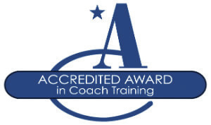 Logo for an Accredited Award in Coach Training featuring a large letter A with a star on top and the text 'Accredited Award in Coach Training' on a blue banner