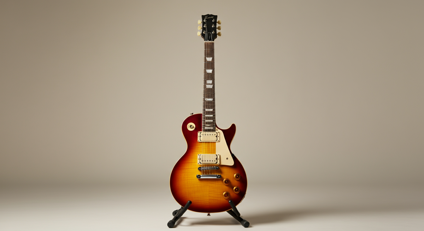 A sunburst-colored electric guitar with a single cutaway resting on a black stand against a plain beige background.