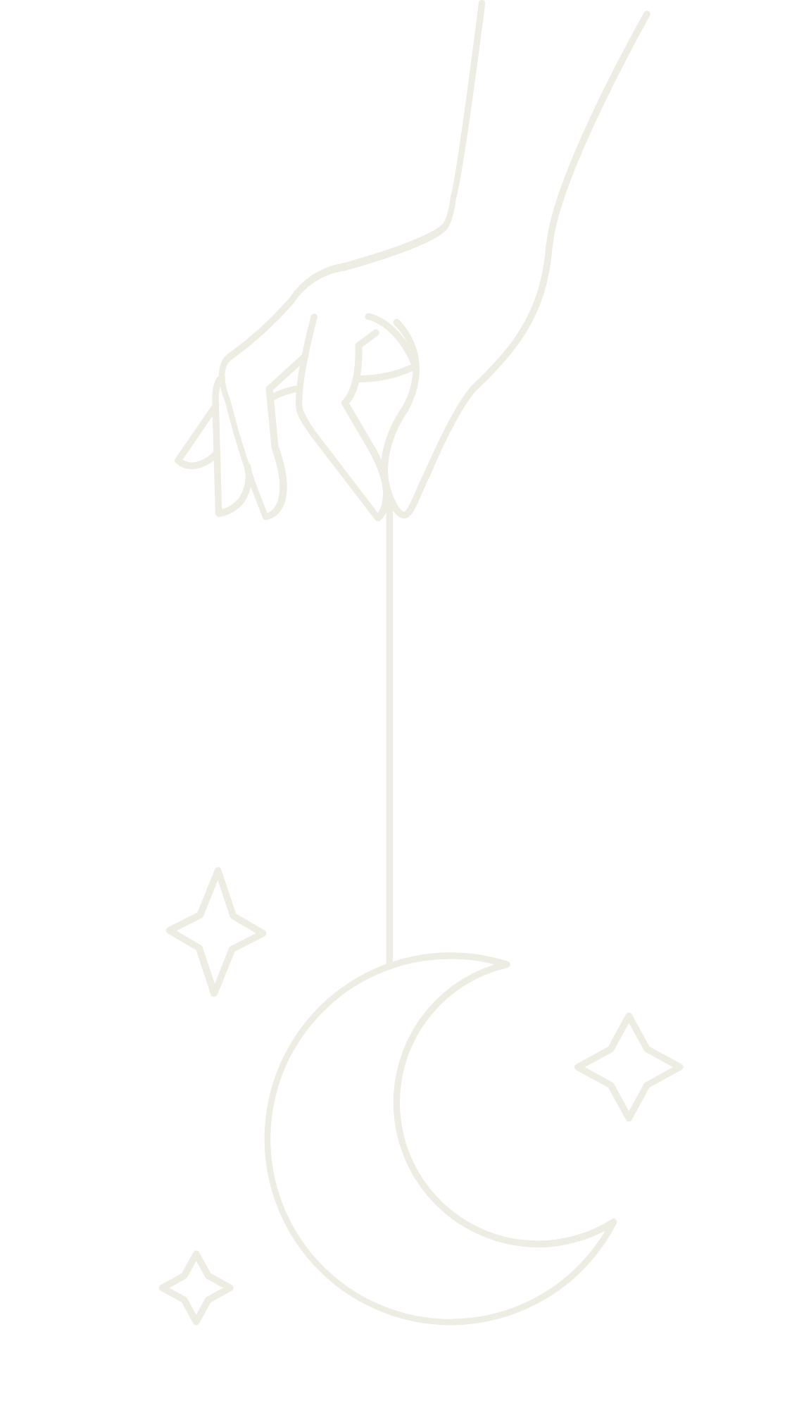 Line art illustration of a hand holding a star-shaped object above a crescent moon, with stars around them, against a black background.