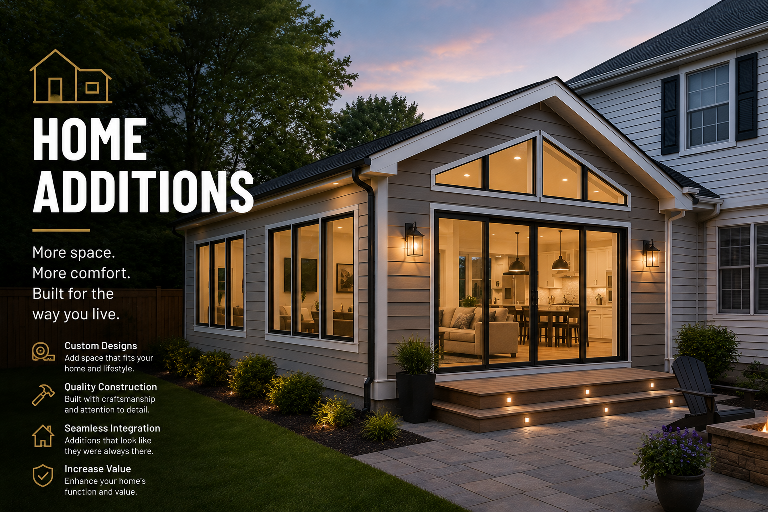 A modern residential home extension with large glass windows and a deck illuminated by outdoor lighting at dusk, surrounded by a manicured lawn and garden.