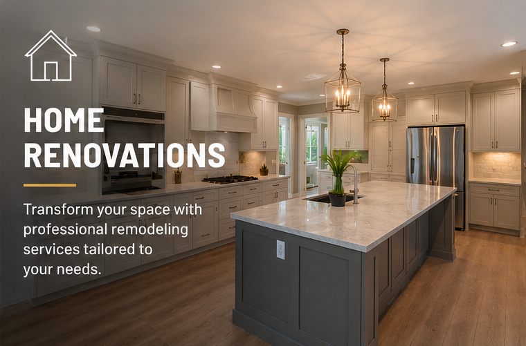 Modern kitchen with island, pendant lights, white cabinets, stainless steel refrigerator, and hardwood floors, promoting home renovations and remodeling services.