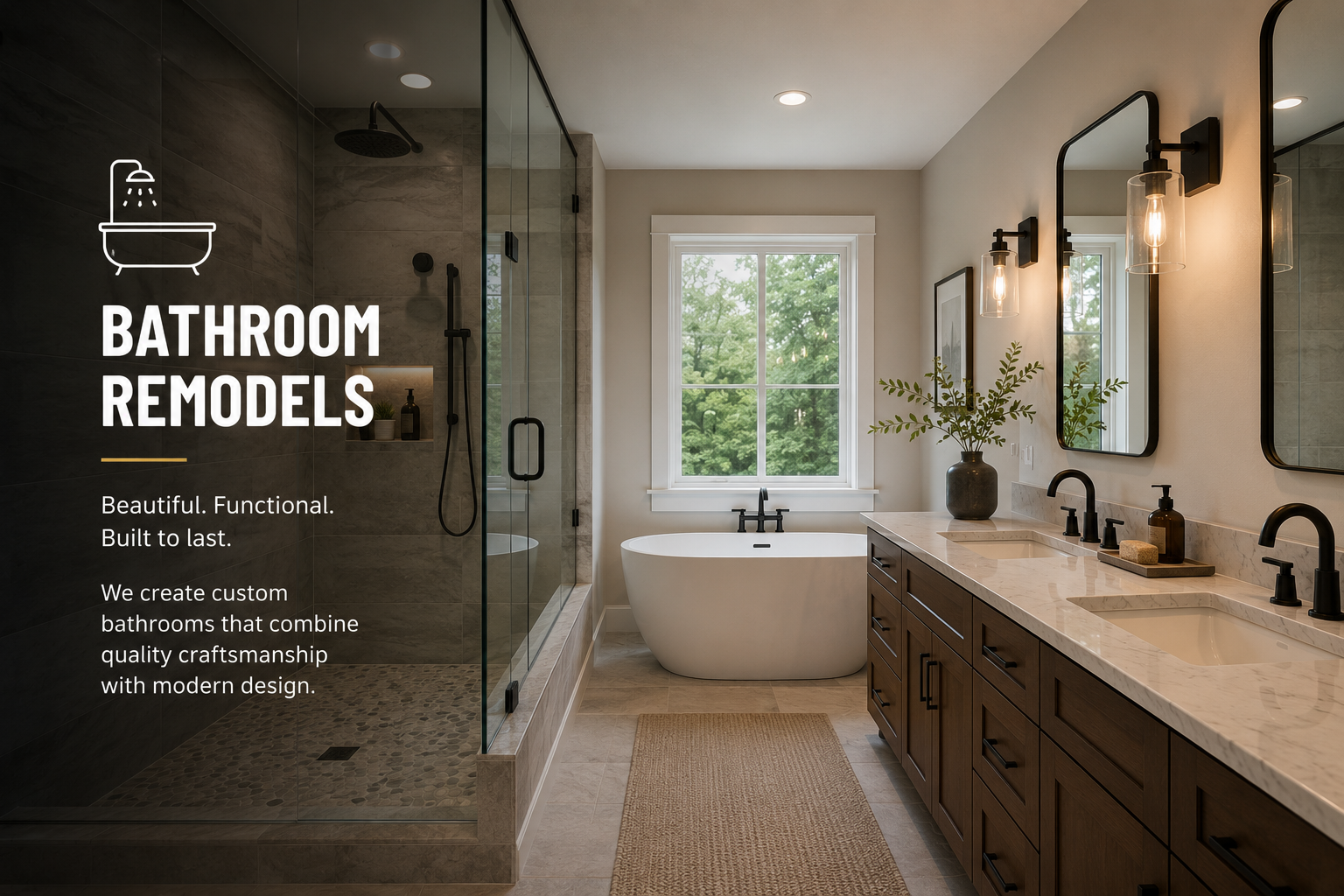 Modern bathroom with a glass shower, freestanding bathtub, double vanity with black fixtures, and natural light from a window.
