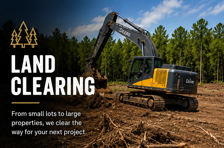 A yellow and black Deere excavator clearing land with trees in the background and a partly cloudy sky.