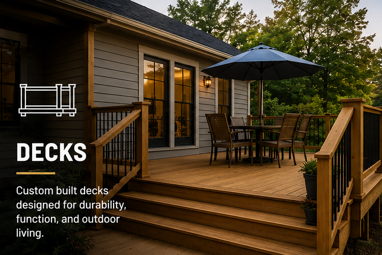 A wooden outdoor deck with railings, a table with a large umbrella, and chairs, attached to a house with sliding glass doors, surrounded by trees at sunset.