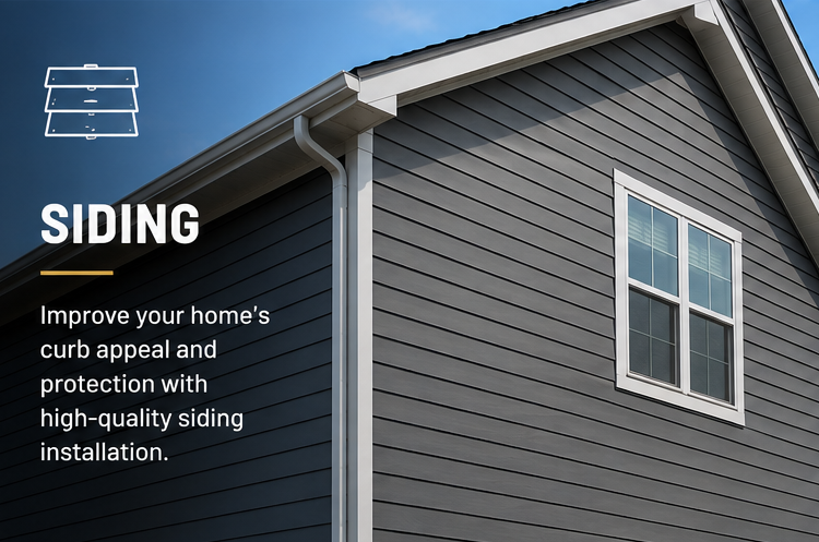 A house exterior with blue siding, a white window, and white trim, with an overlay promoting high-quality siding installation to improve curb appeal and protection.