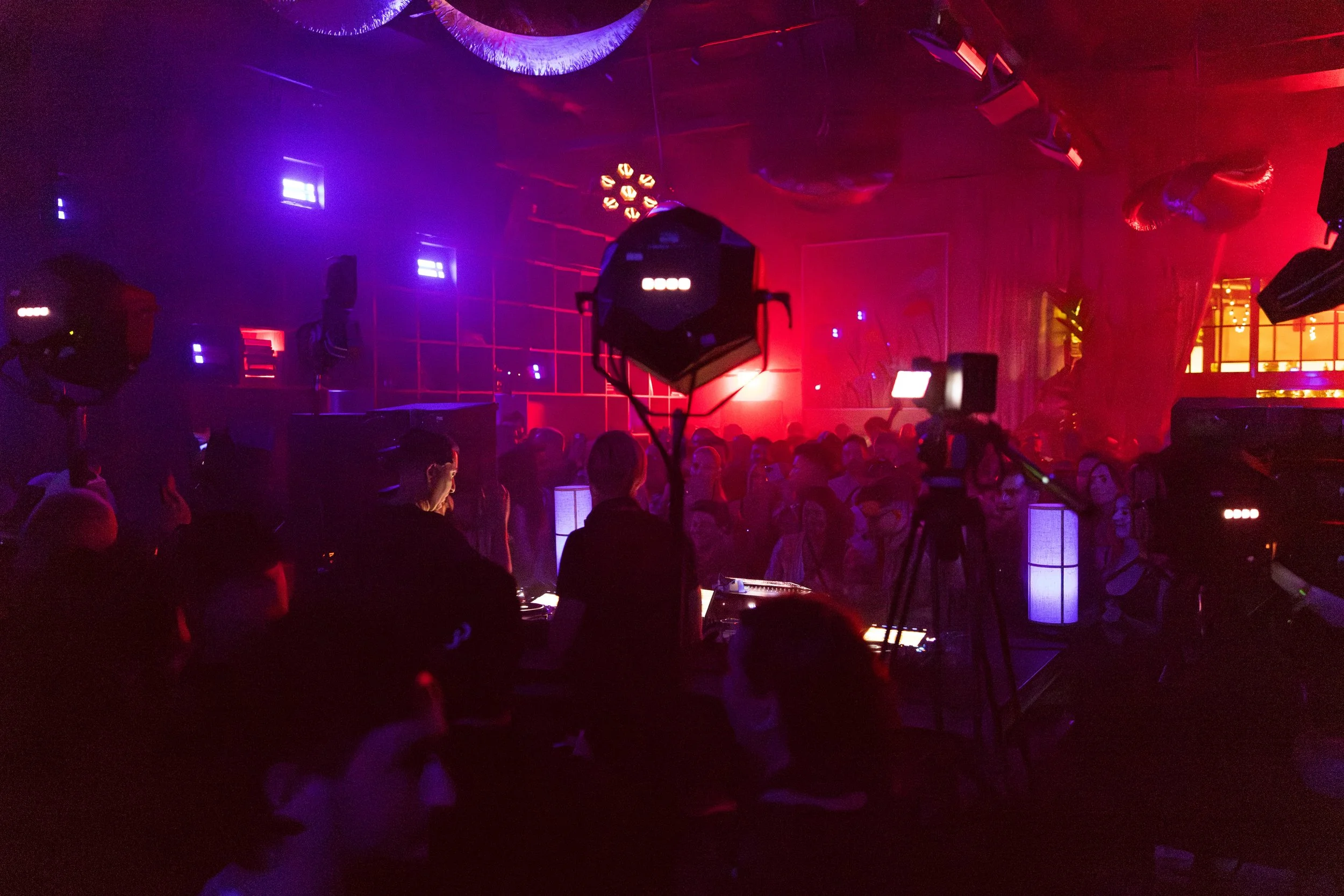 A dark nightclub scene with red and purple lighting, showing a DJ setup with speakers, a mixer, and an audience dancing and socializing.