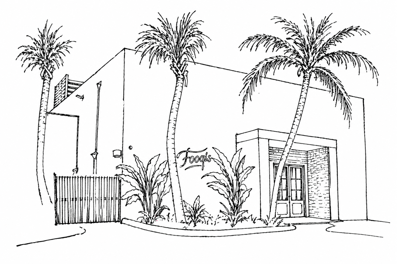 Line drawing of a building with a sign reading 'Foogu's', surrounded by tall palm trees and smaller plants, with an entrance featuring a brick wall and glass door.