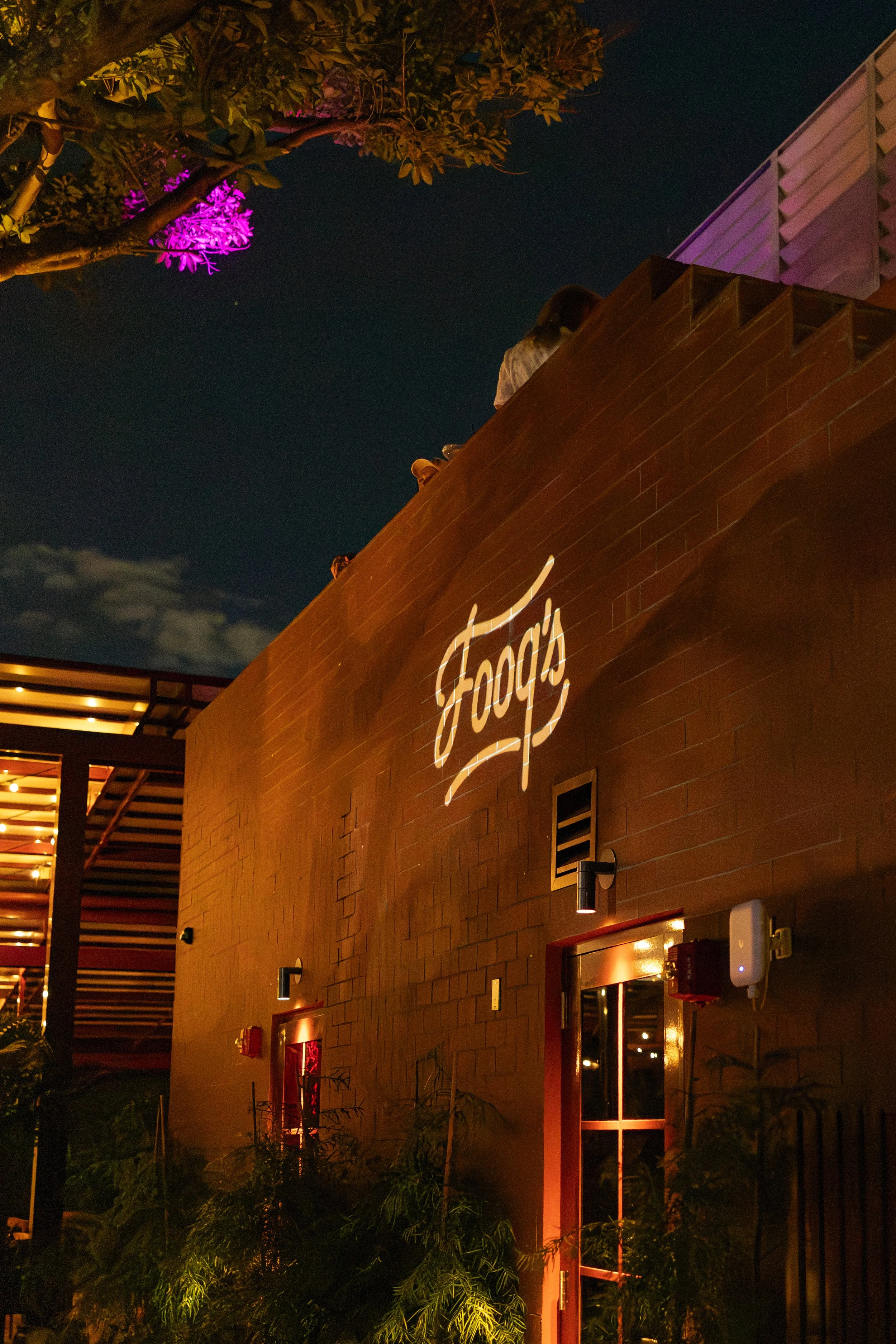 Night view of a restaurant with a brick wall exterior, illuminated signage, surrounding plants, and a person on the rooftop under a dark sky.