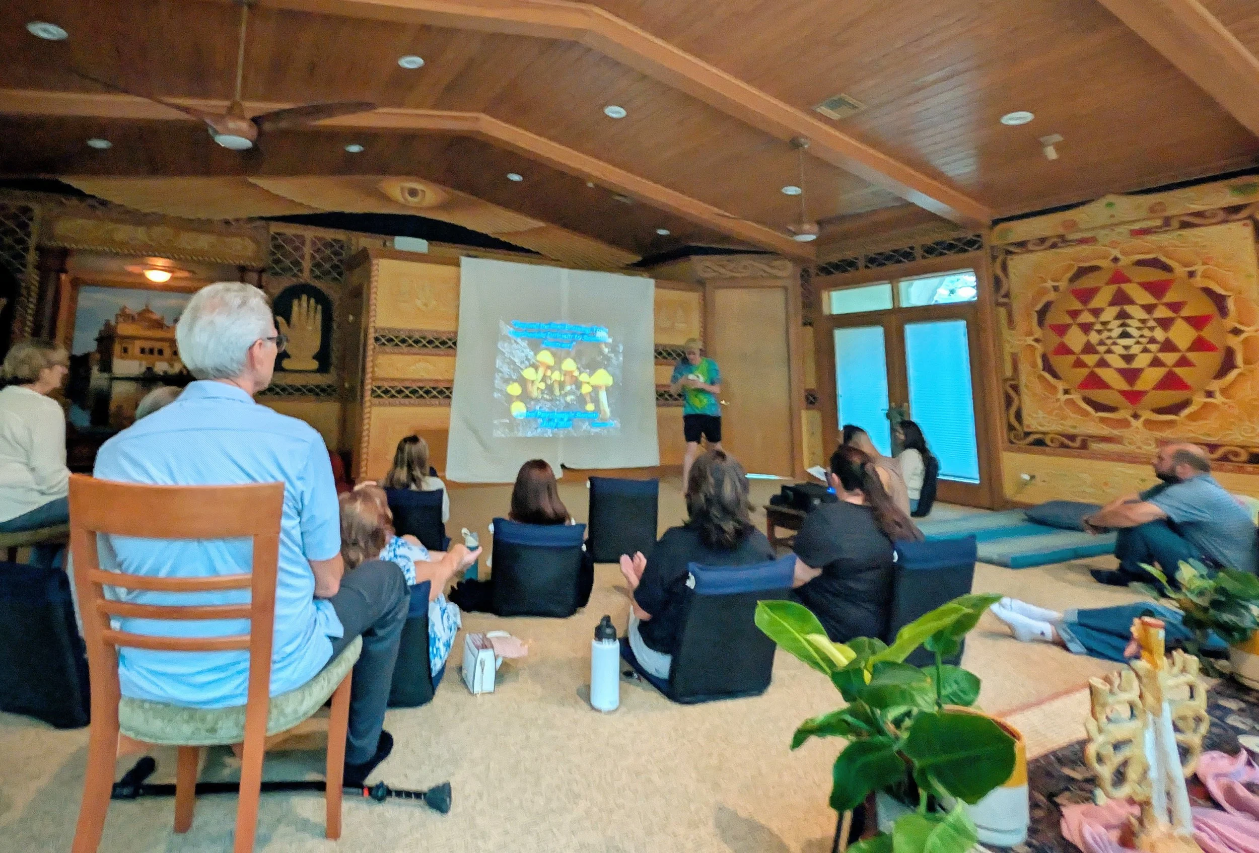 A group of people seated on chairs and cushions inside a room with wooden walls and ceiling, watching a presentation projected on a screen. The room features sacred geometry artwork on the walls and various plants around the space.