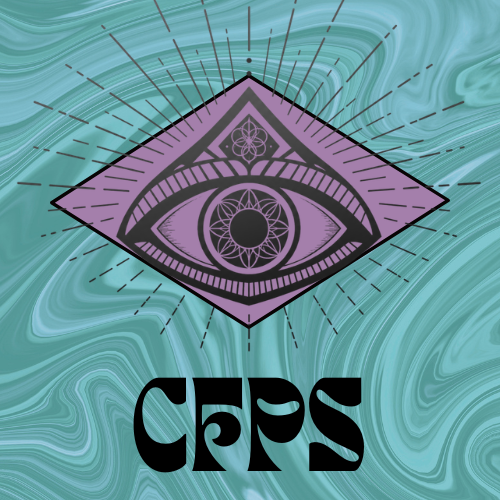 Graphic design featuring an eye within a diamond shape, surrounded by radiating lines, with abstract swirling turquoise background and the text 'CFPS' below.