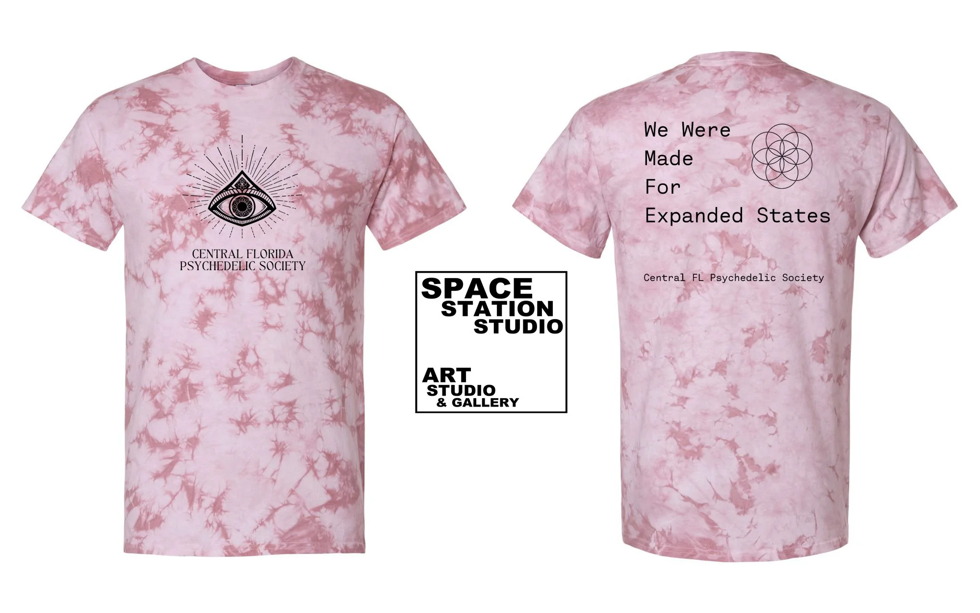 Pink tie-dye T-shirt with black graphic of an eye and rays on the front, and text "We Were Made For Expanded States" on the back, promoting Central Florida Psychedelic Society, Space Station Studio, Art Studio, and Gallery.