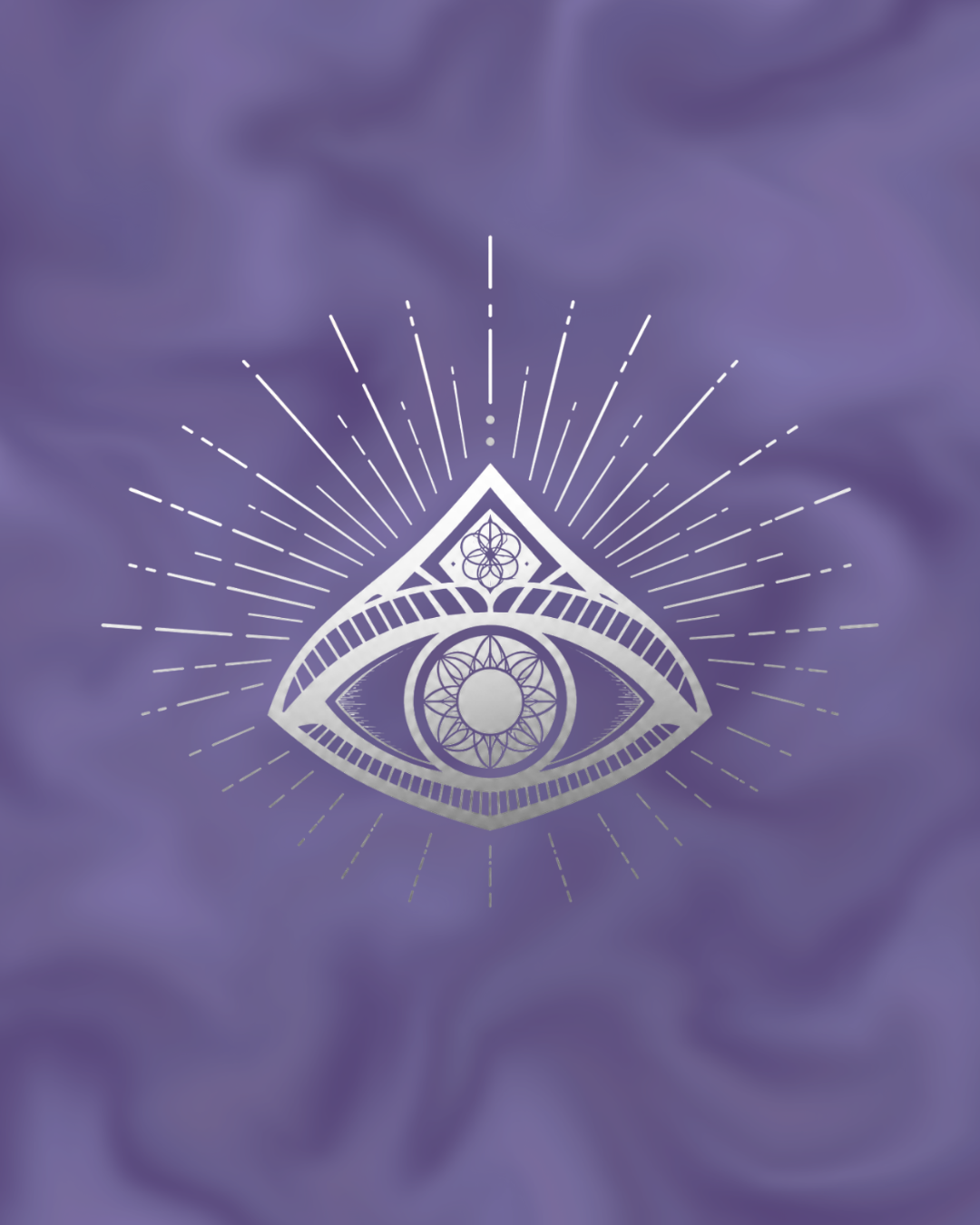 A graphic design of an eye with geometric and spiritual patterns, radiating rays, and intricate details on a purple cloudy background.