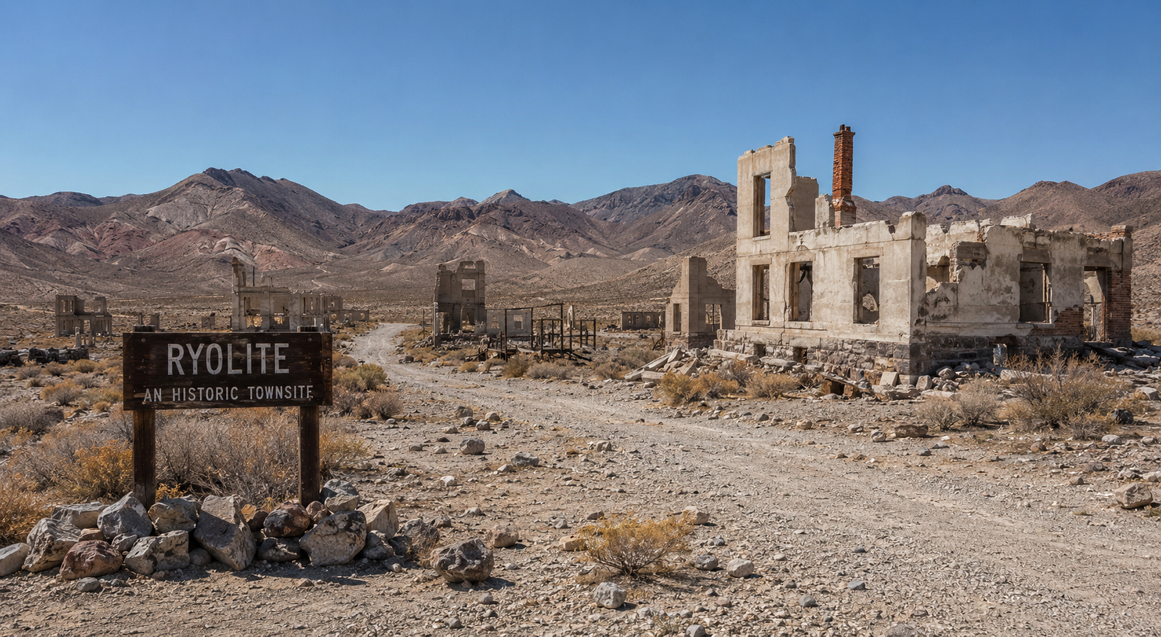 Abandoned, dilapidated buildings in the desert with mountains in the background and a sign that reads 'Ryolite, An Historic Townsite'.