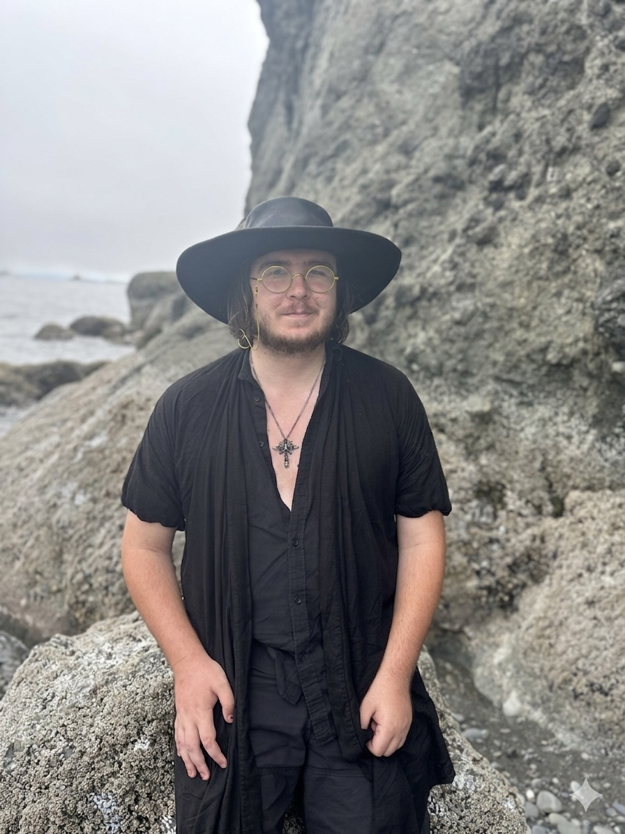 A man standing on a rocky beach, wearing a large black wide-brimmed hat, round glasses, a black open shirt with a necklace, and black pants, with a rocky cliff and the ocean in the background.
