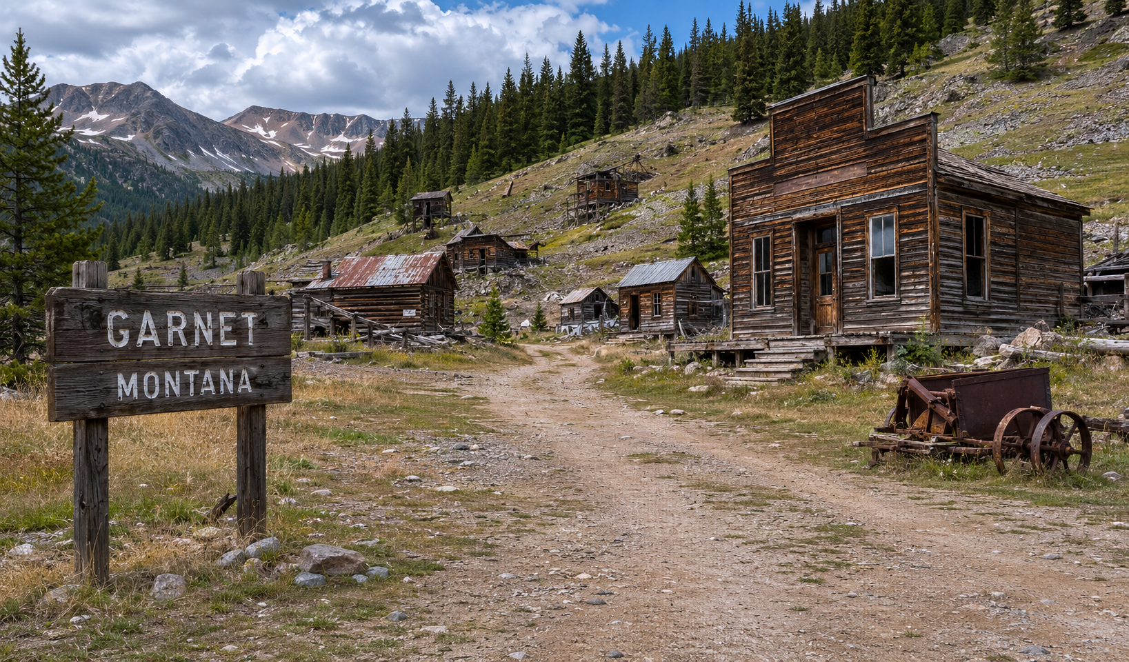 An abandoned old wooden town in Garnet, Montana, with weathered buildings, old machinery, and a dirt road, surrounded by mountains and pine trees.