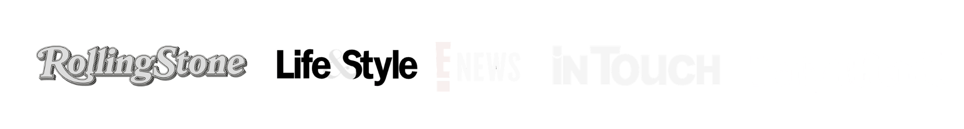 Logo of The Rolling Stone magazine, along with text for other media outlets: E! News, In Touch, Daily Mail.